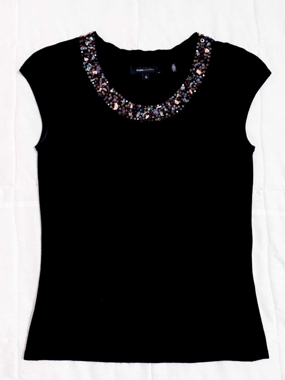 BCBG MAXAZRIA beaded neck black knit tank top